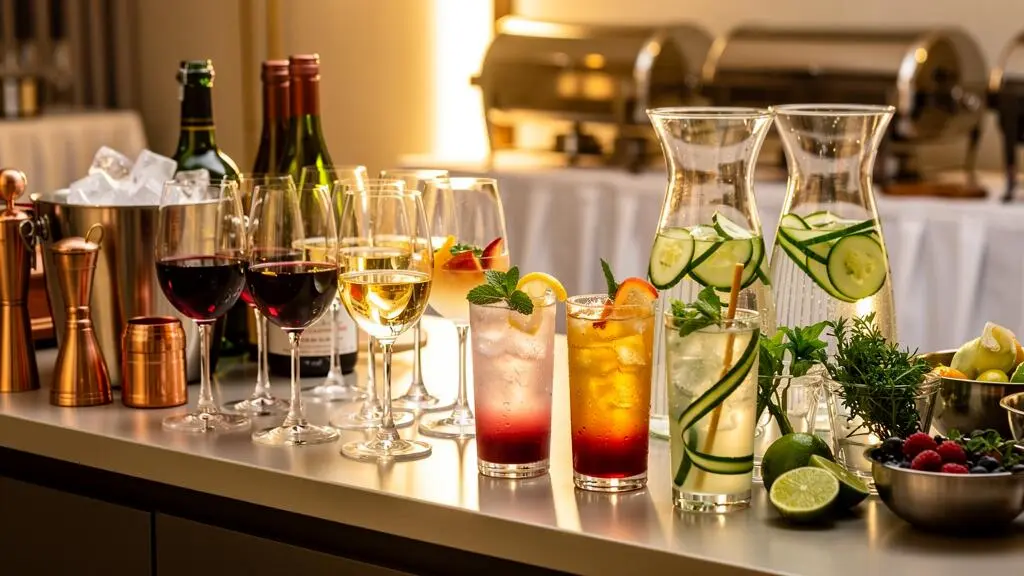 Bar à boissons élégant présentant une sélection variée de vins, cocktails artisanaux et mocktails raffinés dans des verres élégants avec garnitures fraîches