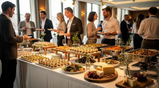 Buffet dînatoire d'entreprise avec diversité de mets raffinés présentés sur plusieurs tables, professionnels en interaction naturelle autour des food stations dans une salle d'événement moderne