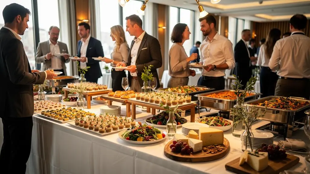 Buffet dînatoire d'entreprise avec diversité de mets raffinés présentés sur plusieurs tables, professionnels en interaction naturelle autour des food stations dans une salle d'événement moderne