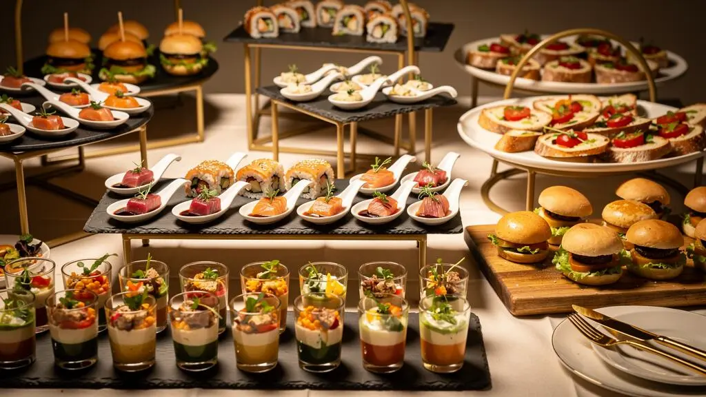 Food station thématique présentant une variété de finger food raffinés disposés sur différents niveaux avec vaisselle élégante et éclairage d'ambiance