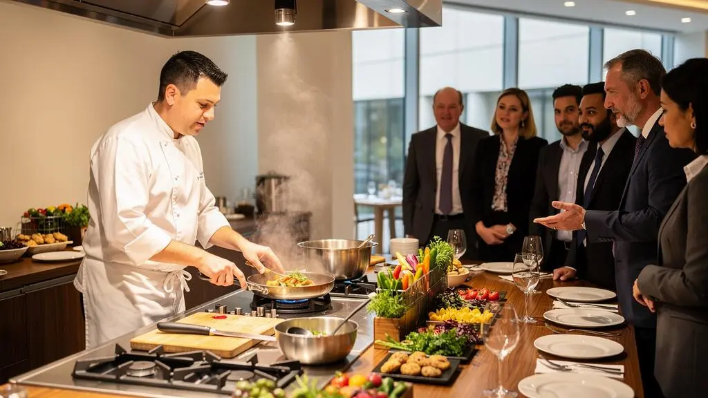 Chef professionnel réalisant une démonstration de live cooking devant un groupe de convives attentifs lors d'un événement d'entreprise, interaction naturelle autour de la station culinaire